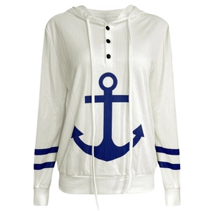 Women's white ribbed hoodie with V-neck buttons and navy anchor print detailing