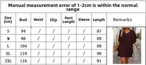 Detailed size chart for women's V-neck loose dress with S to 2XL measurements