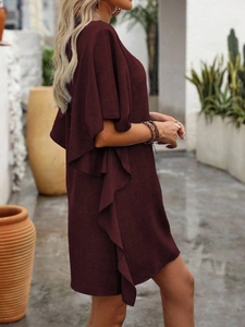 Detailed view of burgundy V-neck dress featuring elegant tiered ruffle bell sleeves