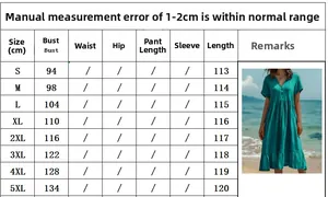 Tableau des tailles pour robe froncée à manches courtes, du S au 5XL, avec mesures