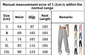 Size chart for women's loose wide-leg drawstring sweatpants in sizes S to 2XL