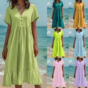 Robe Midi Décontractée pour Femmes Col en V Manches Courtes Boutons Taille Haute Ourlet à Volants Ample Couleur Unie Été Plage