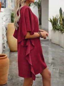 Burgundy loose V-neck dress with ruffle trim and wide bell sleeves for summer vacation