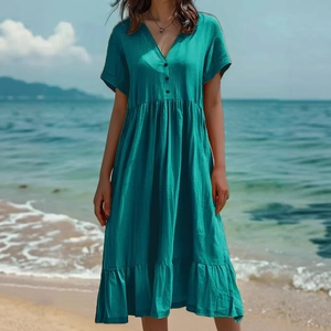 Robe turquoise à manches courtes, col en V, taille haute et ourlet à volants
