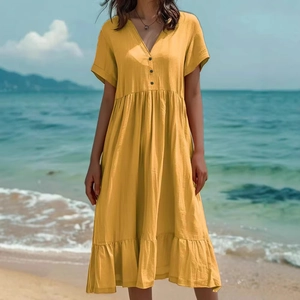 Robe d'été élégante jaune vif à col en V avec boutons pour les vacances à la plage
