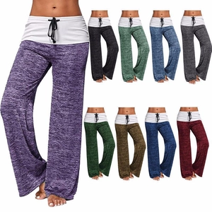 Women High Waist Space Dye Wide Leg Yoga Pants Contrast Waistband Drawstring Casual Loose Straight Lounge Trousers