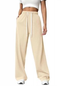 Beige high-waisted loose wide-leg joggers with adjustable drawstring for casual look