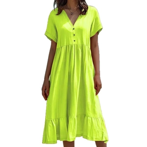 Robe d'été jaune néon à col en V, manches courtes, à plusieurs niveaux et boutons
