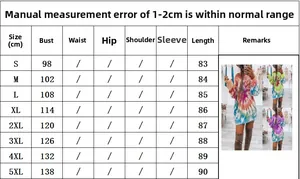 Tableau des tailles pour robe sweat tie-dye femme du S au 5XL avec mesures détaillées