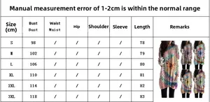Size guide table for printed batwing sleeve sweatshirt dress with chest and length metrics