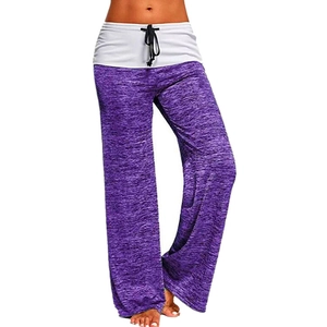 Pantaloni da yoga a gamba larga viola a vita alta con vita patchwork bianca e coulisse nera