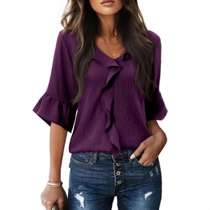 Women's V-neck dark purple blouse with ruffled sleeves and textured pleated fabric