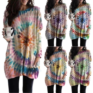 Women's Casual Loose Tie-Dye Long Sleeve Sweatshirt Dress With Pockets Round Neck Batwing Sleeve Oversized Pullover Tunic Top