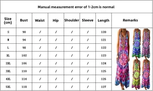 Detailed size chart for women's ethnic print loose maxi dress with various color options