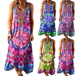 Women's Bohemian Sleeveless V Neck Maxi Dress Ethnic Print Tie Dye Summer Beach Holiday Loose Tank Long Dress