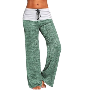 Pantaloni da yoga a gamba larga verde melange con vita a contrasto e coulisse