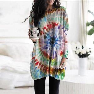 Women's colorful spiral tie-dye long sleeve dress with practical large side pockets