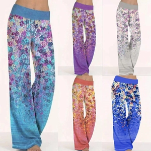 Pantaloni a Gamba Larga da Donna con Stampa Floreale a Vita Alta Pantaloni Casual Sfumati Stile Bohemien in Misto Cotone