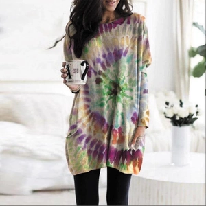 Women's oversized tie-dye long sleeve hoodie dress with spiral print and side pockets