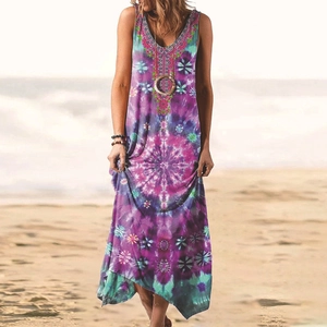 Detailed V-neck and ethnic mandala print on a purple bohemian sleeveless maxi dress
