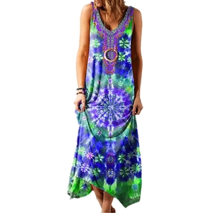 Close-up of sleeveless V-neck maxi dress featuring blue tie-dye and mandala print patterns