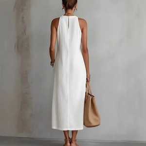 Elegant white sleeveless halter maxi dress with back opening for summer beach vacation wear