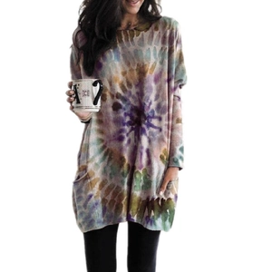 Tie-dye batwing sleeve sweatshirt dress with pockets for women in vibrant purple and green