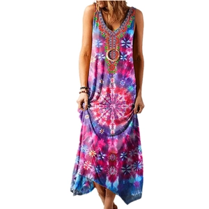 Detailed view of bohemian tie-dye maxi dress with purple ethnic neckline pattern