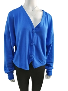 Gilet en tricot bleu vif pour femme avec col en V, manches longues et gros boutons ronds