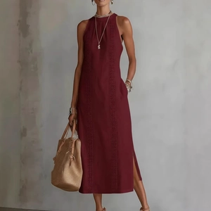 Elegant burgundy sleeveless halter maxi dress with lace panels and side slit for vacation