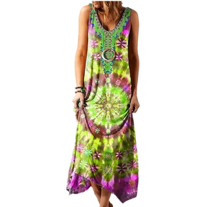 Detail of V-neck sleeveless maxi dress with ethnic embroidery and tie-dye print patterns