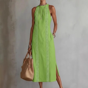 Halter neck grass green maxi dress with white embroidery and side slits for vacation
