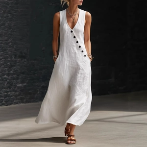 White sleeveless cotton linen maxi dress with V-neck and button detail in outdoor setting