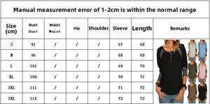 Size chart for women's striped raglan long sleeve shirt with bust and length measurements