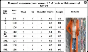 Detailed size chart for long sleeve cardigan from S to 5XL with specific measurements
