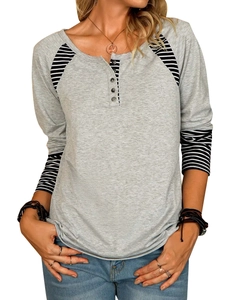 Women's casual long sleeve Henley t-shirt with grey body and striped raglan sleeves