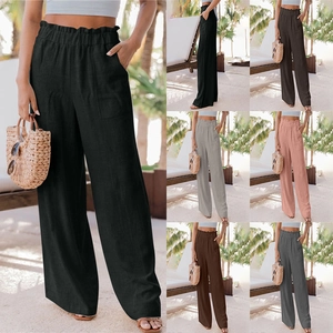 Pantaloni da Donna a Gamba Larga a Vita Alta Casual Vita Paperbag con Tasche Misto Cotone Morbido per Vacanze Estive