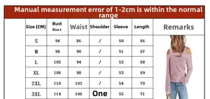 Detailed size chart for women off-shoulder long sleeve tee from sizes S to 3XL