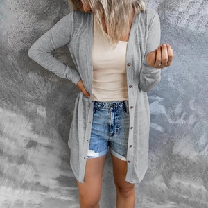 Women casual long sleeve solid color grey button-up cardigan for autumn and winter style