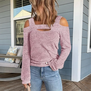 Detail of mauve cold shoulder knit top featuring unique horizontal chest cutout design