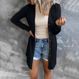 Women's long-sleeve black knit cardigan with wood buttons and a loose casual silhouette