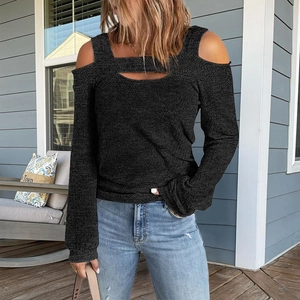 Detail of grey cold shoulder long sleeve knit top with cutout square neckline