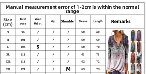 Size chart showing S to 3XL measurements for bohemian long sleeve ethnic print v-neck shirt