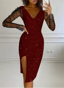 Sparkly V-neck rhinestone party dress in burgundy with sheer black sequined mesh sleeves