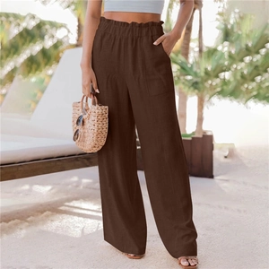 Pantaloni larghi a vita alta da donna marrone scuro con vita a volant e grandi tasche laterali