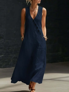 Dark blue V-neck sleeveless maxi dress in cotton linen with decorative buttons