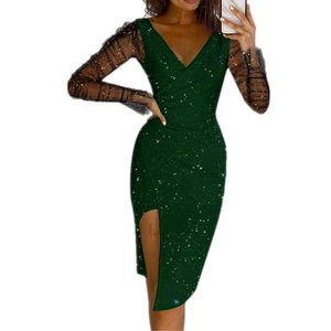Sparkly dark green V-neck bodycon dress with sheer sequin mesh sleeves and side slit