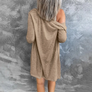 Back view of a long-sleeved khaki cardigan featuring knitted texture and drop shoulder design