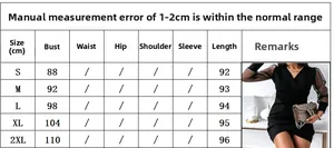 Size chart table for V-neck mesh sleeve bodycon dress with bust and length measurements