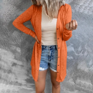 Women's long-sleeve orange button-up knit cardigan with a textured finish for autumn